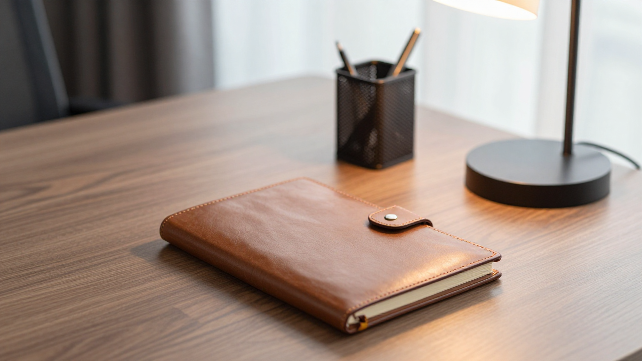 Professional office desk with leather notebook for brand protection